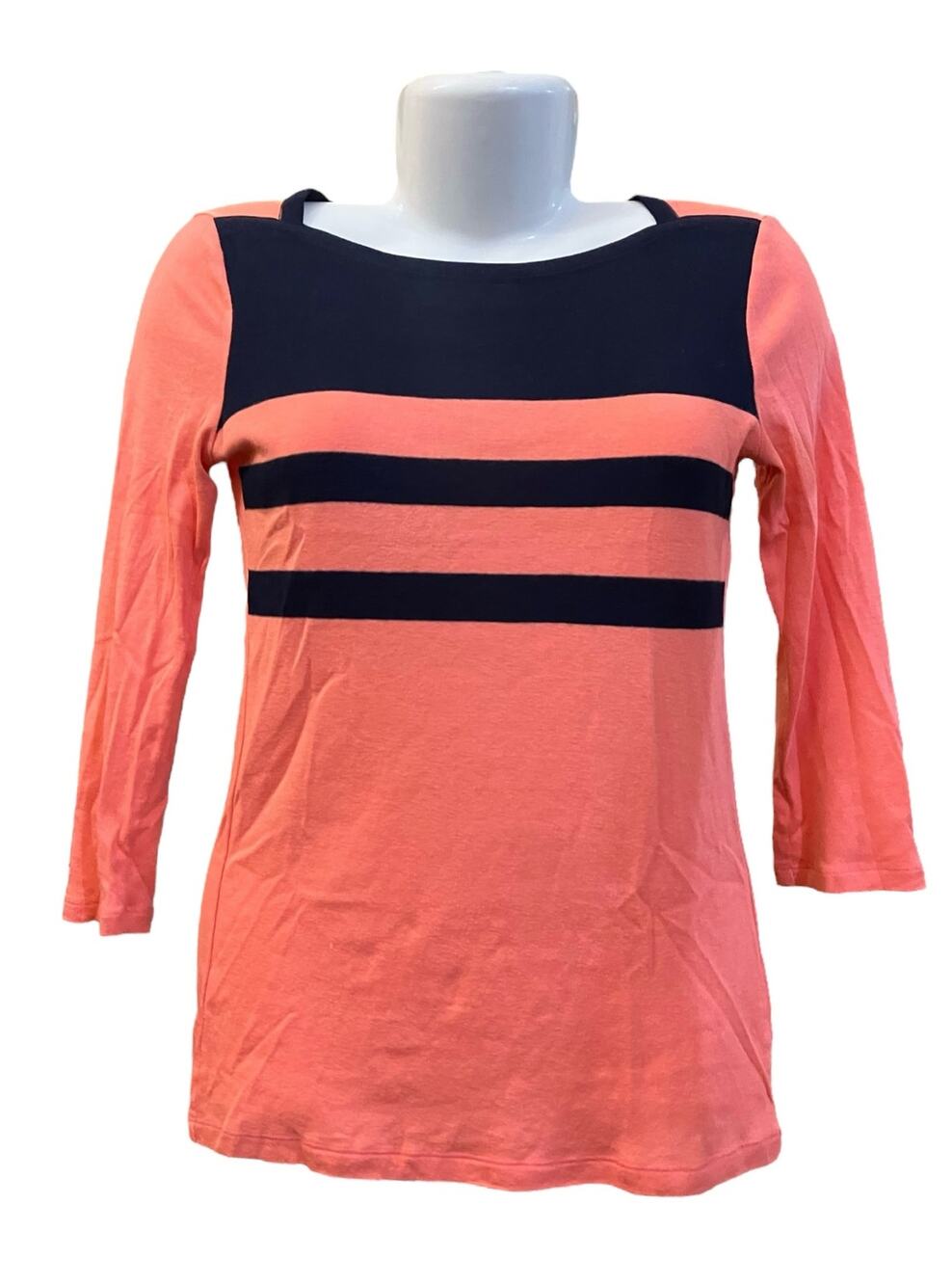 Gap Woman's Coral & Navy Blue Striped Super Soft Boatneck Knit Top | Size S